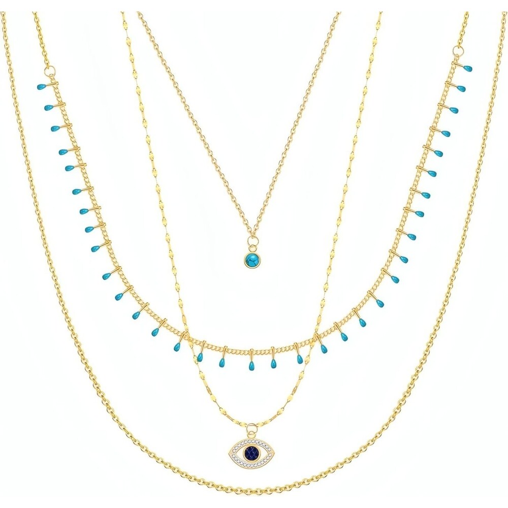 Gold Tone 3 Piece Layered Necklace Set with Blue Evil Eye Bead Chains for Women